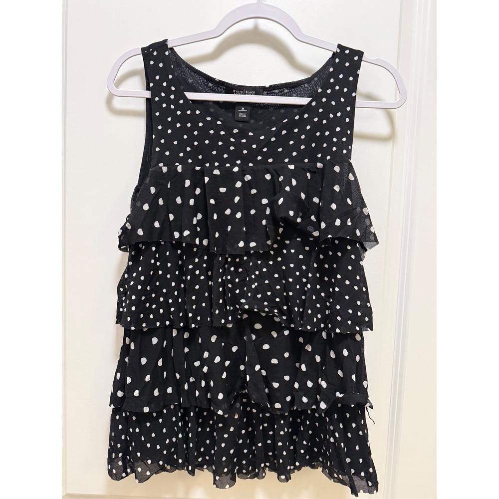 White House Black Market Black Polka Dot Tiered Ruffle Sleeveless Top Size M